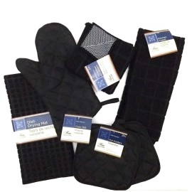 Kitchen Towel Set-Black -Pot Holders,Oven Mitt, Dish Towel, Dish Drying Mat-7pcs
