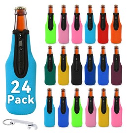 24 Pack Beer Bottle Sleeves Insulator, Thick Neoprene Sublimation Coolers Jacket with Zip-up, Keep Drink Cold Holder with Opener for Summer Parties Supplies(Multicolour)