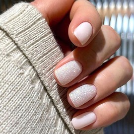 Short Press on Nails Square Fake Nails Light Pink Full Cover Acrylic Nails Press ons Silver Glitter Glue on Nails Glossy False Nails Artificial Stick on Nails for Women 24Pcs