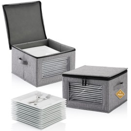 2 PACK Square China Storage Containers for Dishes, 12"x12"x8" Plate Storage, Dish Storage Containers with Lid and Handles, Heavy Duty Dinnerware Storage, Hard Shell and Stackable, 24 Felt Dividers