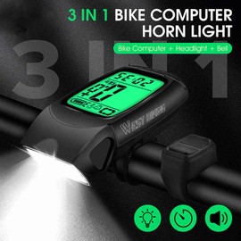 3 in 1 Bike Computer with Headlight Horn IP64 Multifunction Cycling Bike Speedometer Large LCD Screen Black