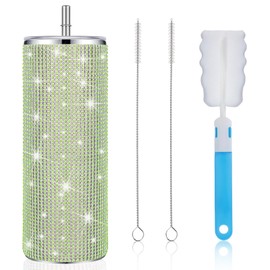 Tessco Bling Cups Rhinestones Tumbler with Straw Glitter Water Bottle Stainless Steel Straw Tumbler Insulated Bling Cup with Lid and Brush for Women Mothers Day Gifts (Green,20 oz)