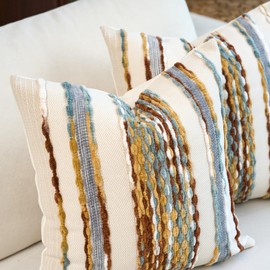 Aeckself Boho Pillow Covers 18x18 Inch Set of 2, Farmhouse Decorative Striped Square Chenille Tufted Accent Neutral Throw Pillow Covers for Living Room Couch Bed, Orange White