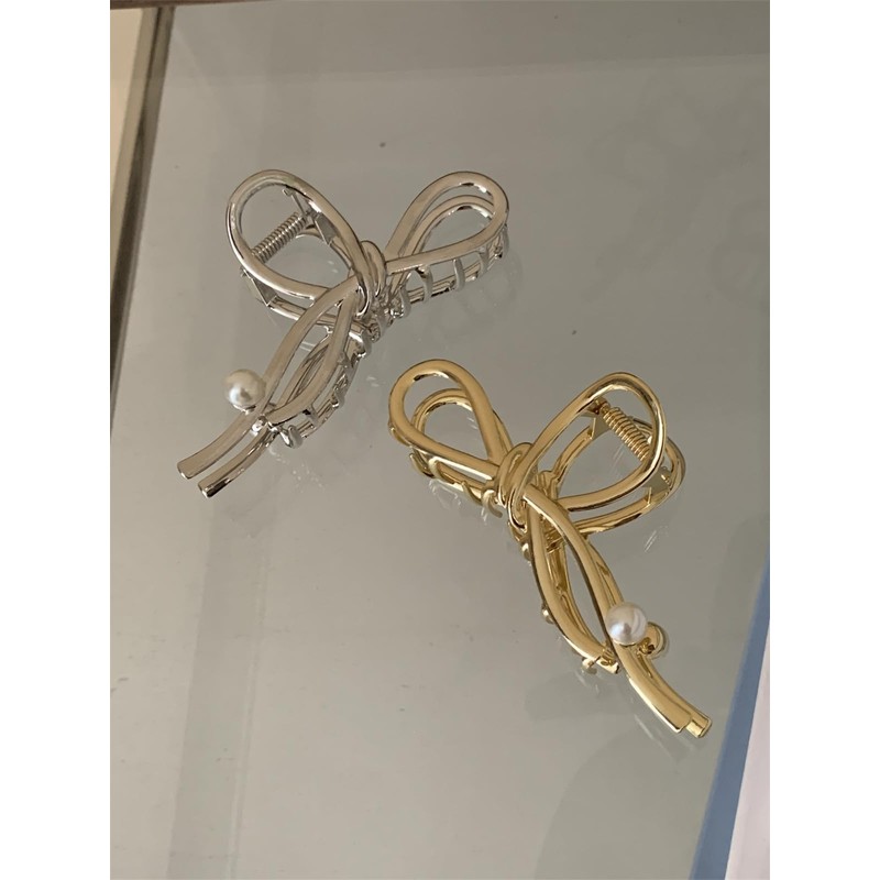B/C Hair Claw Large Ribbon With Pearl (Gold)