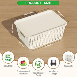 Resze 6 Pack Plastic Storage Baskets with Lids, Breathable Stackable Organizer Bins& Containers for Pantry, Desktops, Cabinet, Closet, Offices Organization Toys, Space Saving, Easy-Carry Handles,White