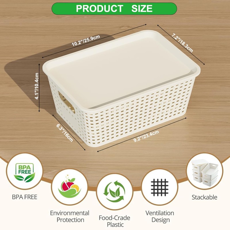 Resze 6 Pack Plastic Storage Baskets with Lids, Breathable Stackable