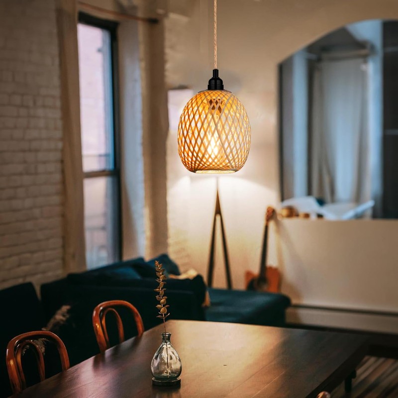 Hanging Lampshade with Plug, Outdoor Lamp, Hanging Boho Rattan Ceiling
