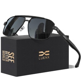 LUENX Sunglasses for Men Square Polarized Polygon Shades Driving UV 400 Protection 60mm-Black Lens Black Metal Frame Glossy Temple