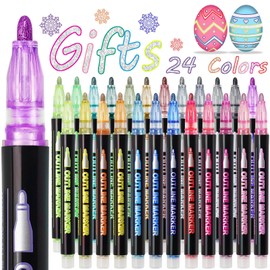 Shimmer Markers Doodle Outline Pens - Stocking Stuffers Kids Teen Tween Girls Ages 4 8 10 12 Year Old Gift Present 24 Colors Metallic Glitter Double Line Sparkle Set Art Craft Drawing Supplies Stuff