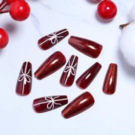 BABALAL Christmas Press on Nails Long Coffin Fake Nails Red Glue on Cute Bow Glitter Shiny Acrylic Nails 24Pcs Ballerina Manicure False Nails for Women and Girls
