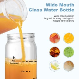 Olivego 16oz Juice Bottles - 4 Pack Wide Mouth Glass Bottles with Lids- BPA Free, Bamboo Lids for Juicing, Smoothies, Infused Water, Beverage Storage - Leakproof, Borosilicate, Clear