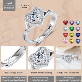 MYBELLNA 925 Sterling Silver Birthstone Rings for Women Love Heart Eternity Band Ring Adjustable Open Heart Ring for Women Girls, Precious metal