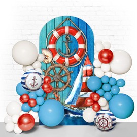 7.2FT Navy Blue Birthday Arch Cover Spandex Fitted Stretchy Nautical Party Decoration Arch Cover 2-Sided Round Top Backdrop for Birthday Sailor Navigation Supplies Decoration Set