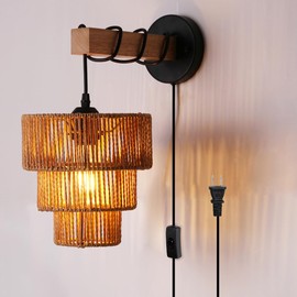 Sedelan Plug in Wall Sconce, Rattan Wall Lamp with Plug in Cord, Wall Sconces Indoor for Bedroom Bedside Dining Room Living Room Home Deco