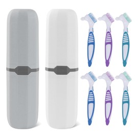 6 Pieces Portable Denture Cleaning Brushes: Hard Denture Brush Dentures Double Sided Brush, Denture Cleaning Brush with 2 Carry Bags for Cleaning Artificial Teeth