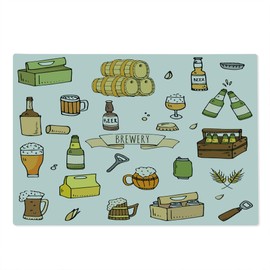 Ambesonne Beer Cutting Board, Hand Drawn Brewery Alcohol Pub Beer Mug Bottle Butt Glass Wheat Barley Doodle, Decorative Tempered Glass Cutting and Serving Board, Large Size, Multicolor