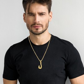 Rofusn Fish Hook Pendant Necklace for Men, Gold Stainless Steel Hawaiian Fishing Necklace Jewelry Gifts