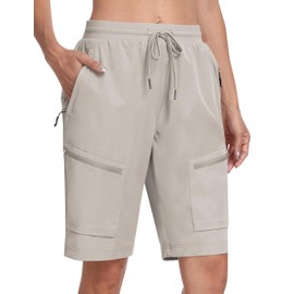 MoFiz Long Shorts for Women Knee Length Quick Dry Half Shorts Women Stretch Womens Long Hiking Shorts Knee Length with Pockets Light Khaki Small