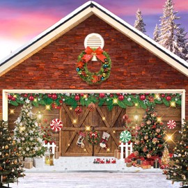 Christmas Garage Door Decorations Cover Banner Backdrop,Winter Holiday Garage Door Cover Banner,Barn Xmas Tree Gift Large 7x16ft Merry Christmas Garage Door Banner for Xmas Outdoor Holiday Decorations