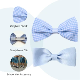 Basic Sense School Bow Hair Clips and Elastic Plain & Gingham Set - Accessories for Girls, Mid Blue