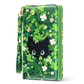 Womens Wallet, RFID Wristlet Wallets for Women, Cute Ladies Clutch Purses, Large Leather Travel Card Holder with Zipper and Phone Holder, Green Leaf Cat