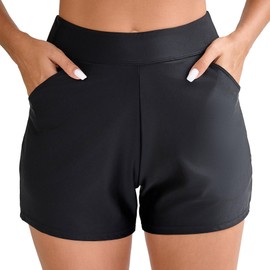 Halcurt Women's Swimming Shorts with Pockets Swimming Trunks Quick Drying Board Shorts Tummy Control Swimming Shorts Beach Bikini Shorts S-XXL, black, XL