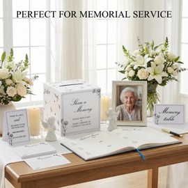 YUHUEDIT All-in-One Funeral Guest Book Set with Wooden Keepsake Box, Guest Book, 50 Blank Memory Cards, Card Drop Box,2 Pen，Table Sign & Instruction Card for Memorial Service & Celebration of Life