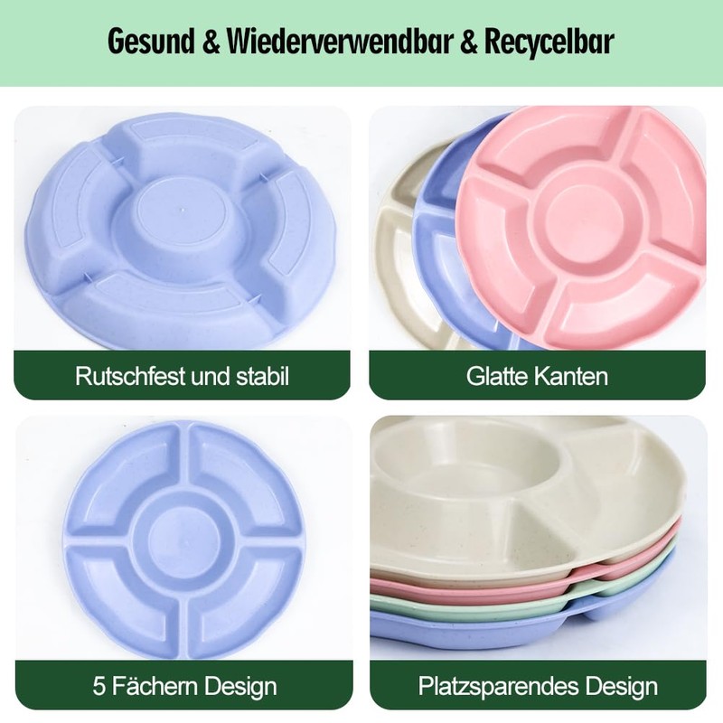 agctrler Pack of 4 Snack Plates with 5 Compartments, Stackable