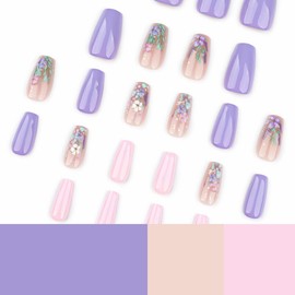 3D Flower Press on Nails Medium Coffin Fake Nails with Spring Fresh Flower Designs Glue on Nails Purple Pink Acrylic Press on Nails Kits Full Cover False Nails with Glue Stick on Nails for Women 24PCS
