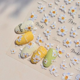 1 Sheets Embossed Flower Nail Stickers for Nail Art 5D Self-Adhesive Daisy Nail Decals White Flower Nail Art Stickers Spring Summer Nail Design Decals for Women Manicure Decoration Supplies