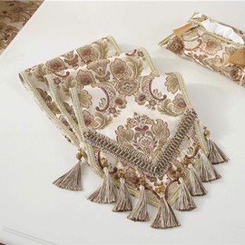 vctops Vintage Luxury Jacquard Damask Floral Table Runners Tea Table Decoration with Multi-Tassels 13"x89" Beige