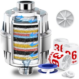 36-Stage Shower Head Filter With Vitamin C E for Hard Water - 3 Replaceable Cartridges, High Output Water Filter for Removing Chlorine and Fluoride, Polished Chrome