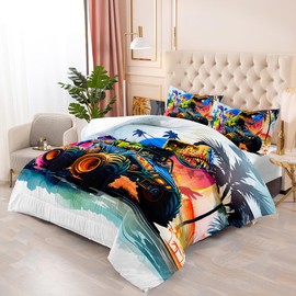 Suncloris Cartoon Monster Truck Comforter Set for Kids Teens, Twin Size Watercolor Roaring Dinosaurs Car Bedding Quilt with 2 Extreme Sport Trucks Themed Pillowcases - 68" x 86" (Watercolor, Twin)
