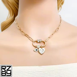 14k Gold-Plated Carabiner Charm Necklace, Crystal Heart and Evil Eye Charms Included, 45.7cm with 5cm extension, with Gift Box included