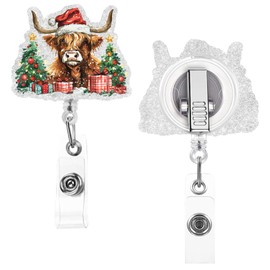 Cheerupp Christmas Highland Cow Glitter Badge Reel with Swivel Alligator Clip and Retractable Cord for Him and Her, Xmas Acrylic Cute Cow ID Tag Card Holder Clip Accessories for Office Workers