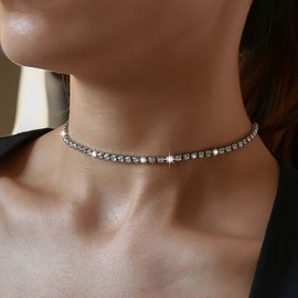 Cybche Crystal Tennis Chain Necklace Silver CZ Chain Choker Necklace Sparkly Rhinestone Collar Necklace Cubic Zirconia Bridal Necklace Jewelry for Women