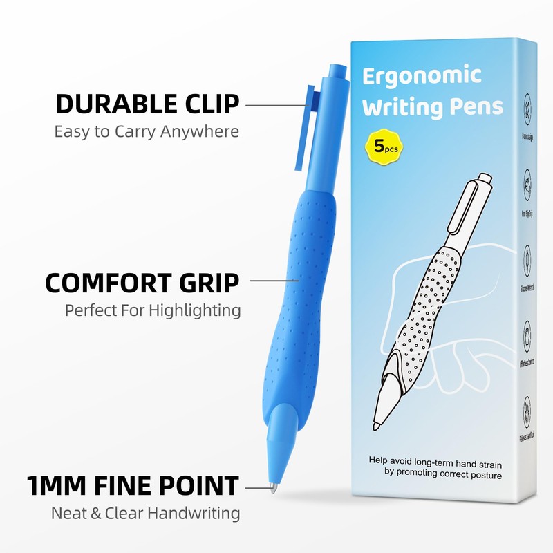 ELETIUO 5-Pack Ergonomic Ballpoint Pens,1mm Medium Point Black Ink Retractable