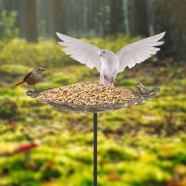 changqing Metal Bird Bath Feeder Leaf Stake Dual Use for Outdoor Garden Decor Balcony Yard Patio, 19.5" Height with Detachable Adjustable Steel Clamp Hummingbird Gifts 2 Prong Base