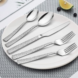 LIANYU 50-Piece Silverware Set for 10, Stainless Steel Flatware Set, Hammered Square Cutlery Eating Utensils for Home Party Wedding, Dishwasher Safe, Mirror Finished