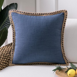 Phantoscope Farmhouse Decorative Throw Pillow Cover Burlap Linen Trimmed Tailored Edges Outdoor Pillow Navy Blue 18 x 18 Inches, 45 x 45 cm