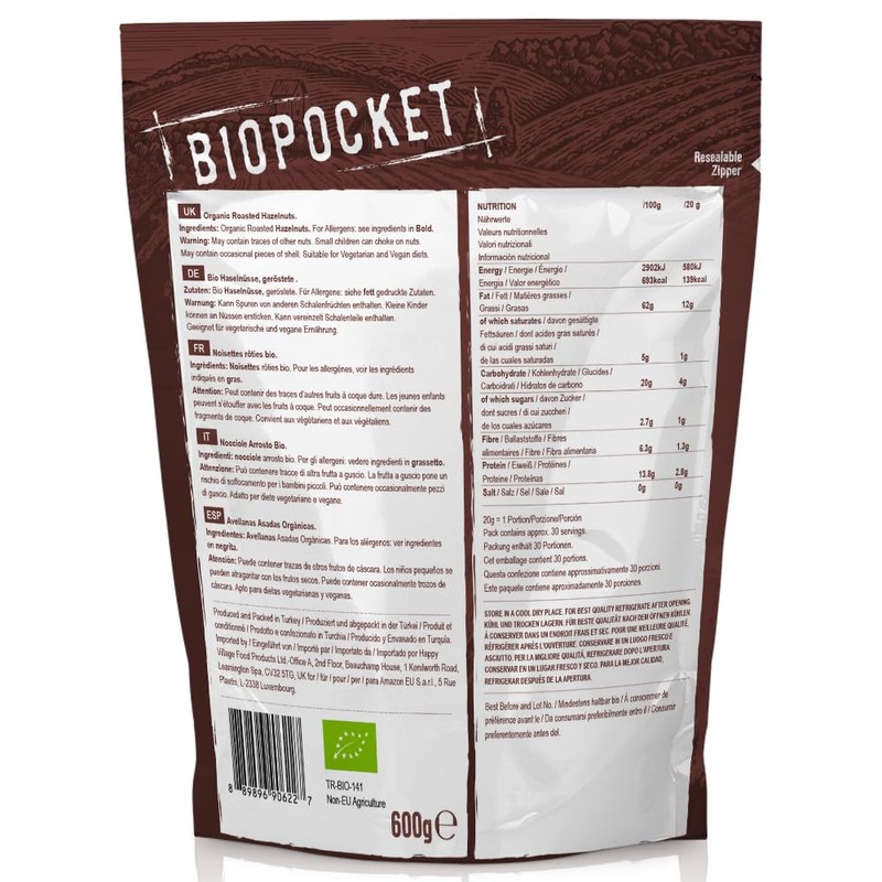 Biopocket Organic Roasted Hazelnuts 600g