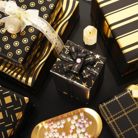 Birthday Wrapping paper 6 Sheets Black Gold Gift Wrapping Paper with Ribbon Stickers Metallic Foil Wrapping Paper for Birthday Christmas Holiday Graduation Wedding Baby Shower, 20x28 inch