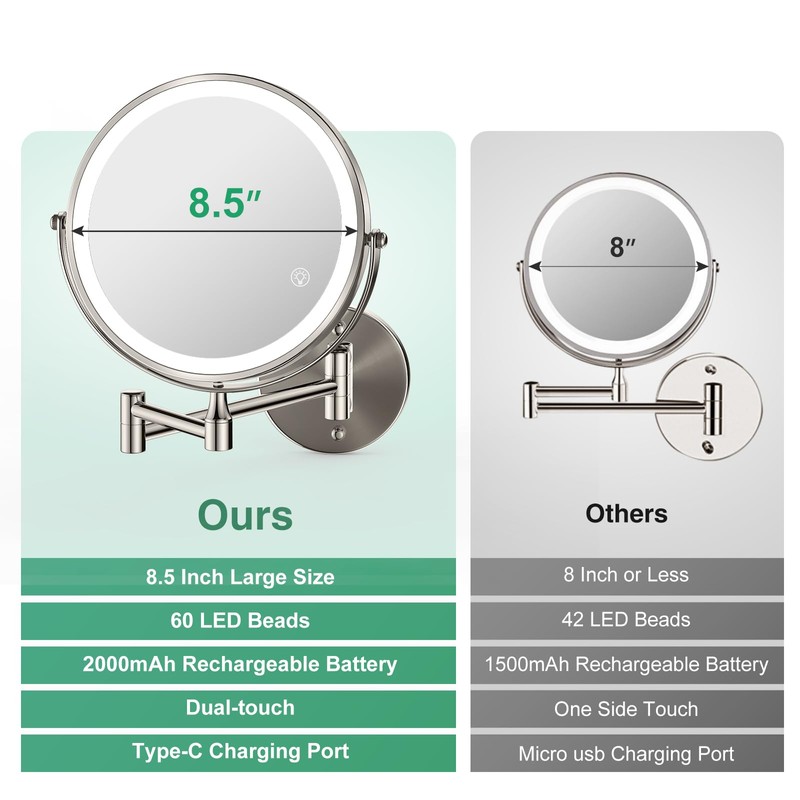 GREENFROM Rechargeable Wall Mounted Makeup Mirror Brushed Nickel, 8.5'' Magnifying