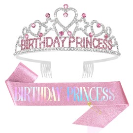 CIEHER Birthday Sash and Crown Set - Pink - 1 Count - 1 Set - 2 Pieces - Women's & Girls - Girls - Female - Hairband - Accessory - Birthday Parties