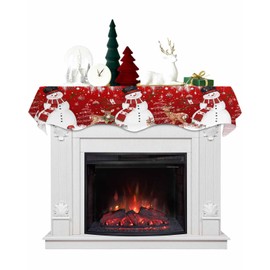 Snowman Christmas Red Fireplace Mantel Scarf Table Runner, Xmas Elk Snowflake Tree Leaves Garland Mantel Top Tablerunners Dresser Scarves Winter Decorations for Windows Party Living Room 70''x17''