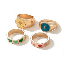 XUN Zhe 4Pcs Gold Enamel Heart Pattern Rings Sets,Colorful Vintage Flower Star Moon Band Rings Knuckle Stacking Rings Jewelry for Women (4PCS)