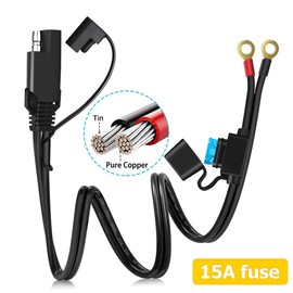 Motorcycle SAE Quick Disconnect Extension Cable Adapter,2 FT SAE to O Ring Terminal Harness with 10A Fuse 2 Pin Plugs,Extension Charge Cord for Car,Motorbike,Solar Panel,Tractor,Power Supply