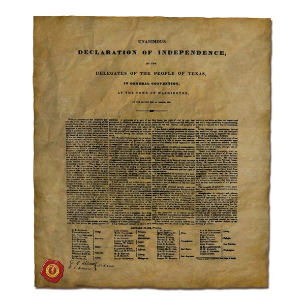 The Texas Declaration of Independence, Authentic Replica Printed on Antiqued Genuine Parchment. 16 X 14
