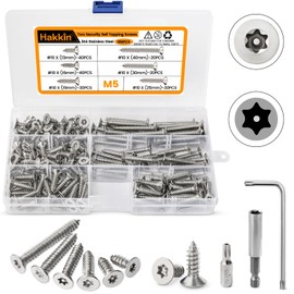 Hakkin M5 Self Tapping Screws 180Pcs Stainless Steel Screws Flat Head Countersunk Screws Tamper Proof Torx Anti-Theft Sheet Metal Screw Kit with T25 Bit, Wrench, Extension Holder for DIY Project