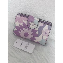 COACH Medium Corner Zip Wallet With Floral Print Ivory/Purple/P